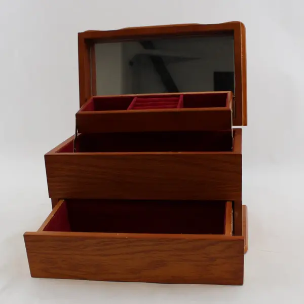 Honey Tone Wooden Jewelry Box Organizer Storage FLAWED