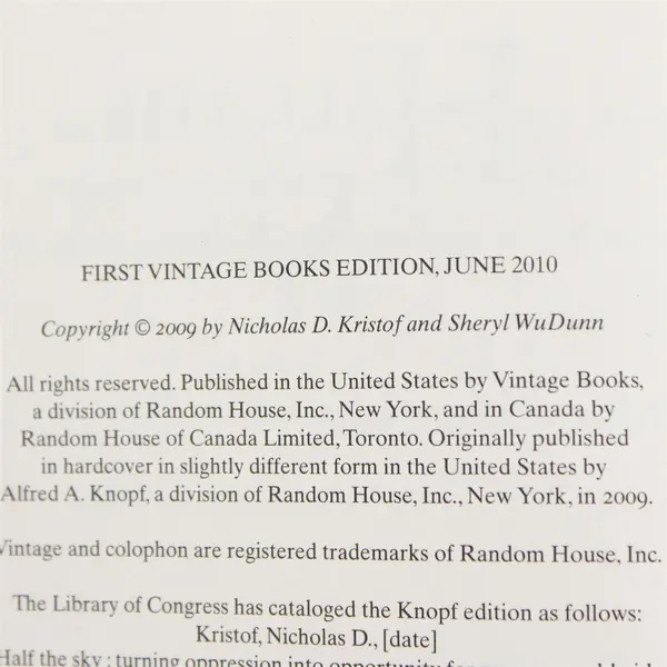 Half The Sky Sheryl WuDunn and Nicholas D. Kristof 2010 Paperback Vintage Books