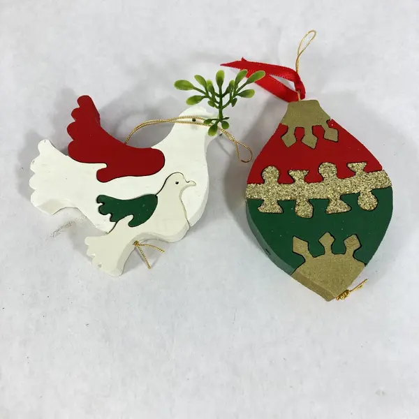 Set of 7 Assorted Handmade Wood Puzzle Christmas Ornaments Santa Tree Soldier