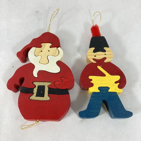 Set of 7 Assorted Handmade Wood Puzzle Christmas Ornaments Santa Tree Soldier