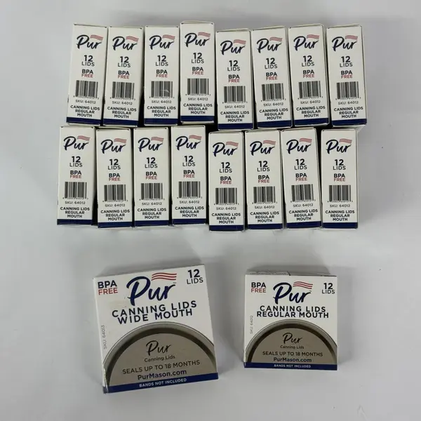 17 Boxes of 12 Pur Narrow Mouth Canning Lids Plus 1 Box of Wide Mouth