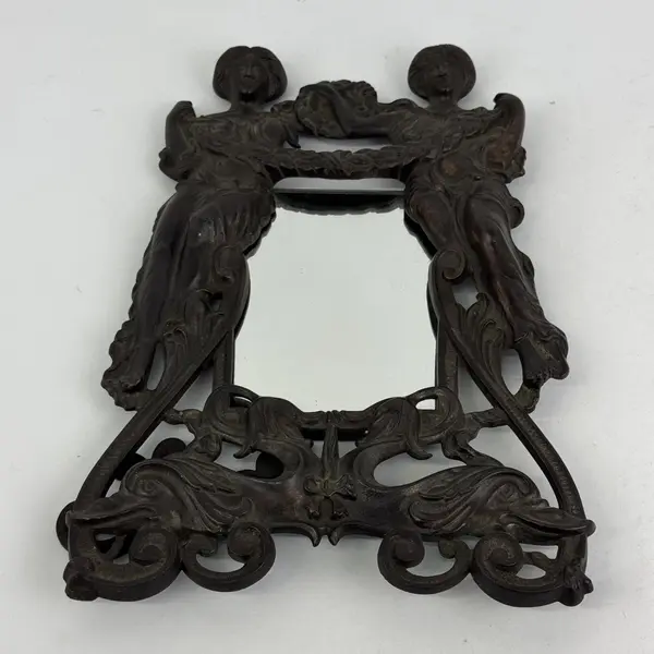Victorian Brass Frame With Hinged Rear Foot Women Holding A Garland W A Mirror