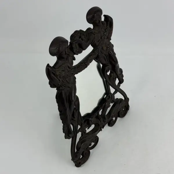 Victorian Brass Frame With Hinged Rear Foot Women Holding A Garland W A Mirror