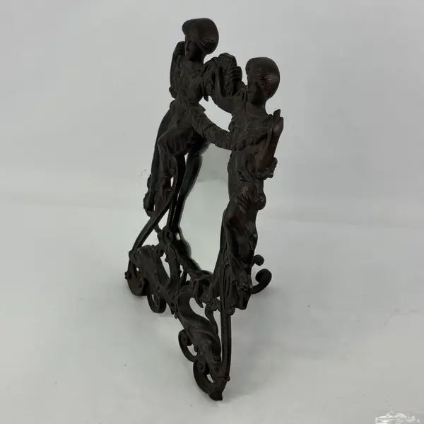 Victorian Brass Frame With Hinged Rear Foot Women Holding A Garland W A Mirror