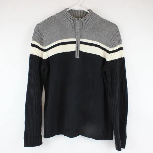 St John's Bay Men's Large 1/4 Zip Knit Pullover Black Gray White Stripe