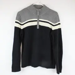St John's Bay Men's Large 1/4 Zip Knit Pullover Black Gray White Stripe