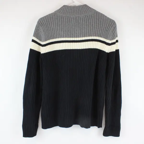 St John's Bay Men's Large 1/4 Zip Knit Pullover Black Gray White Stripe
