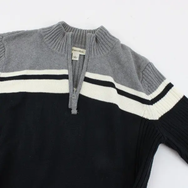 St John's Bay Men's Large 1/4 Zip Knit Pullover Black Gray White Stripe
