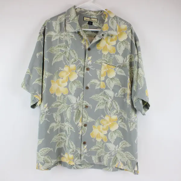 Tommy Bahama Men's L Gray Yellow Floral Hawaiian Button-Front Shirt