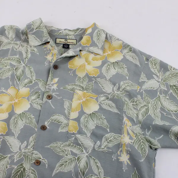 Tommy Bahama Men's L Gray Yellow Floral Hawaiian Button-Front Shirt