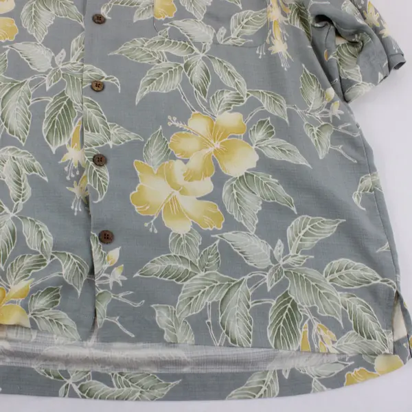 Tommy Bahama Men's L Gray Yellow Floral Hawaiian Button-Front Shirt