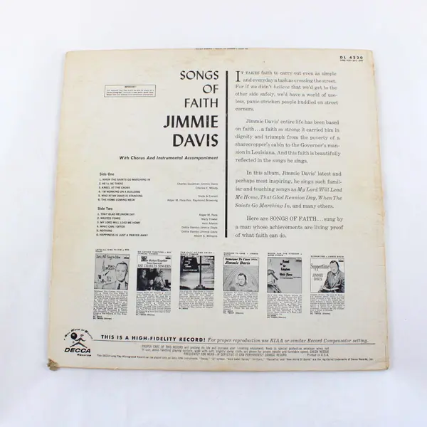 Jimmie Davis Songs Of Faith Decca DL 4220 12" Vinyl LP