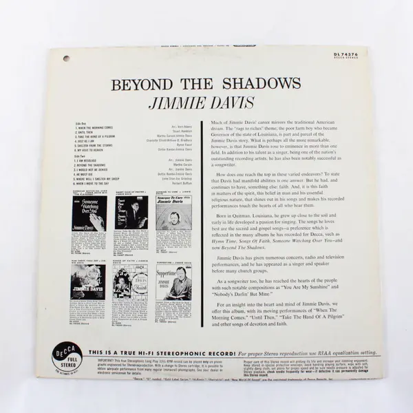 Jimmie Davis Beyond the Shadows Decca 12" Vinyl LP Record