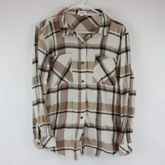 Weekends Everyday Women's M Beige Black Plaid Button Down Flannel
