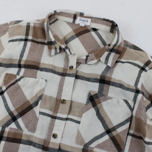 Weekends Everyday Women's M Beige Black Plaid Button Down Flannel