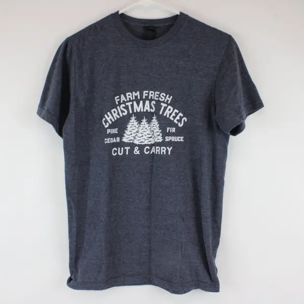 Gildan Gray "Farm Fresh Christmas Trees Cut and Carry" Short Sleeve Shirt Size S