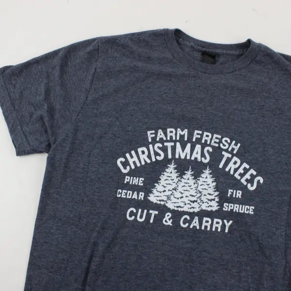 Gildan Gray "Farm Fresh Christmas Trees Cut and Carry" Short Sleeve Shirt Size S