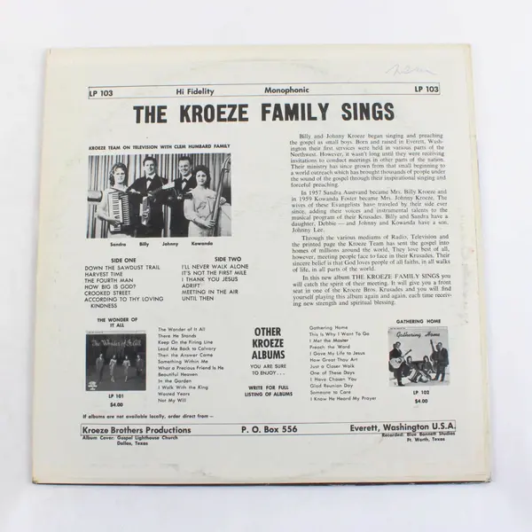 Kroeze Bros. Evangelistic Team The Kroeze Family Sings 12" LP LP 103
