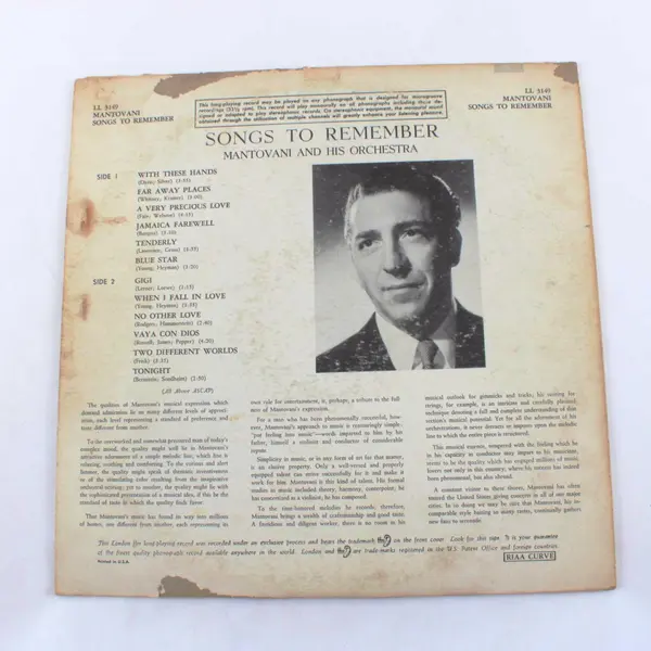 Mantovani Songs to Remember 12" LP Vinyl London Records LL 3149