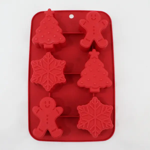 Red Silicone Christmas Baking Mold 6 Cavity Gingerbread Tree Snowflake