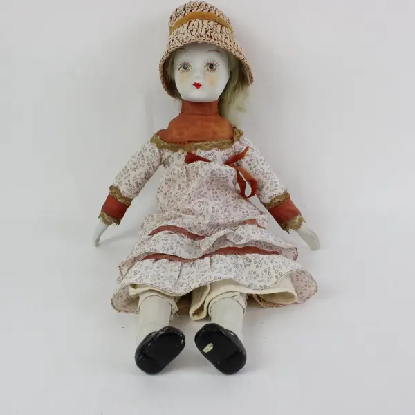 Vintage 1970s Porcelain Doll 18in Cloth Body Bisque Head Taiwan