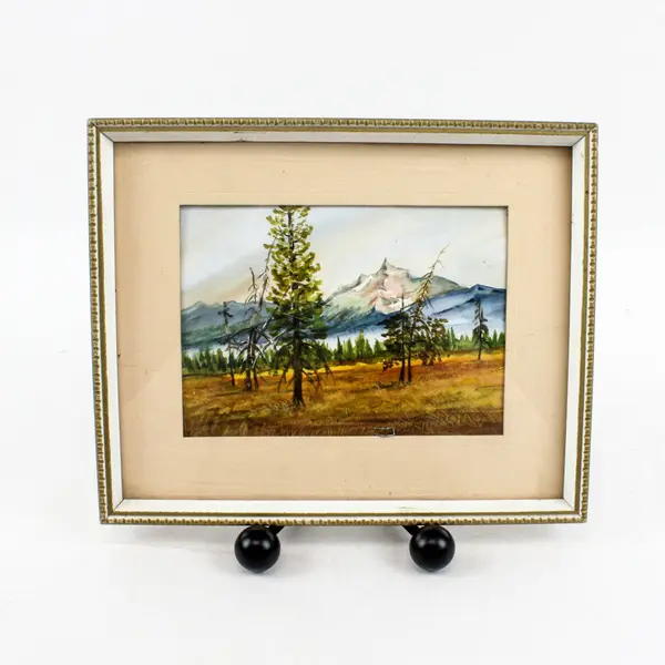 Framed Mountain Landscape Painting Pine Trees Grassy Field Wall Art