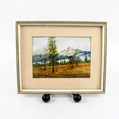 Framed Mountain Landscape Painting Pine Trees Grassy Field Wall Art