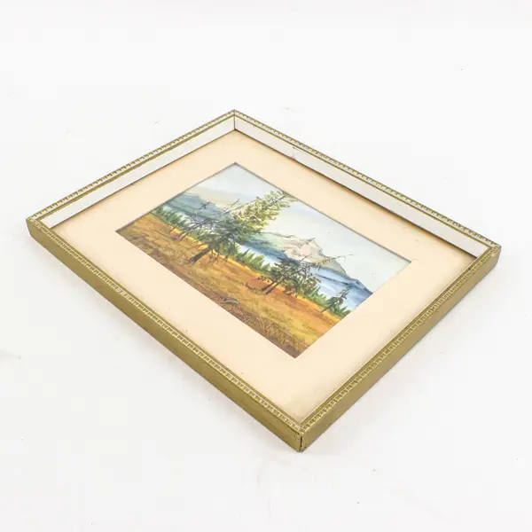 Framed Mountain Landscape Painting Pine Trees Grassy Field Wall Art