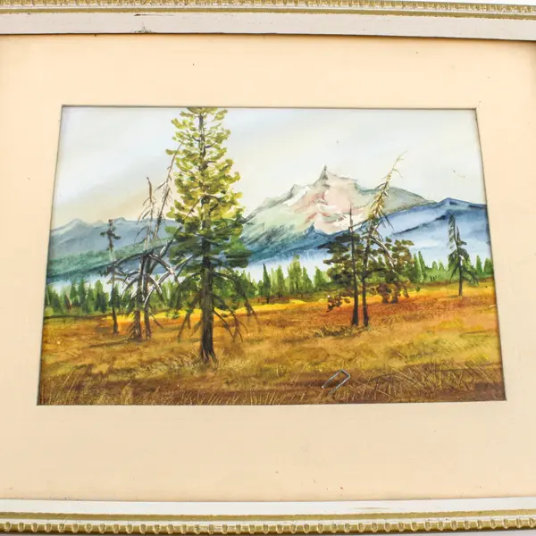 Framed Mountain Landscape Painting Pine Trees Grassy Field Wall Art