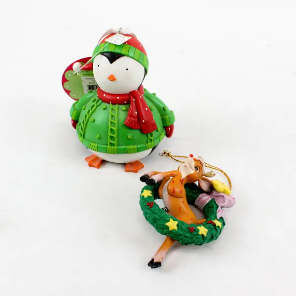Demdaco Christmas Penguin & Rudolph Reindeer Wreath Ornament Figurines Set