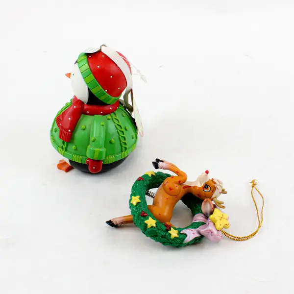 Demdaco Christmas Penguin & Rudolph Reindeer Wreath Ornament Figurines Set