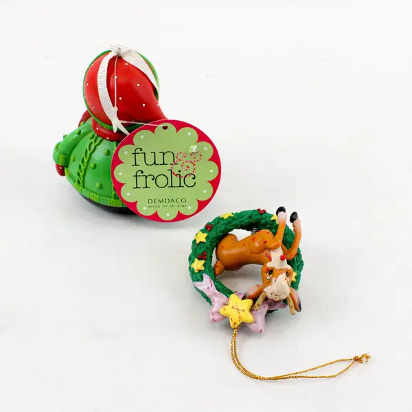 Demdaco Christmas Penguin & Rudolph Reindeer Wreath Ornament Figurines Set