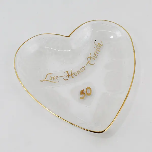 C.E.C. Made in Korea Heart-Shaped Clear Glass 50th Anniversary Dish 5x4.8"
