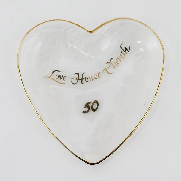 C.E.C. Made in Korea Heart-Shaped Clear Glass 50th Anniversary Dish 5x4.8"