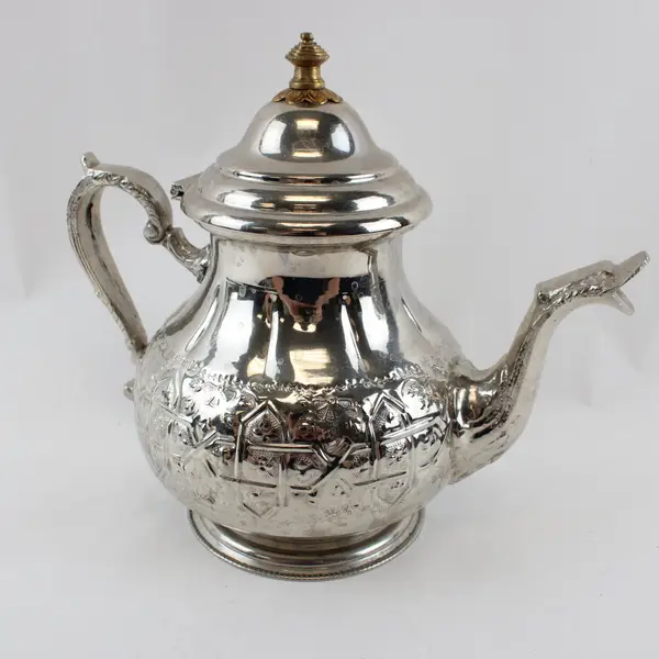 Moroccan Silver-Plated Brass Teapot Hand-Chiseled Arabesque Engraved