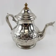 Moroccan Silver-Plated Brass Teapot Hand-Chiseled Arabesque Engraved