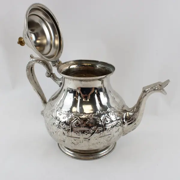 Moroccan Silver-Plated Brass Teapot Hand-Chiseled Arabesque Engraved