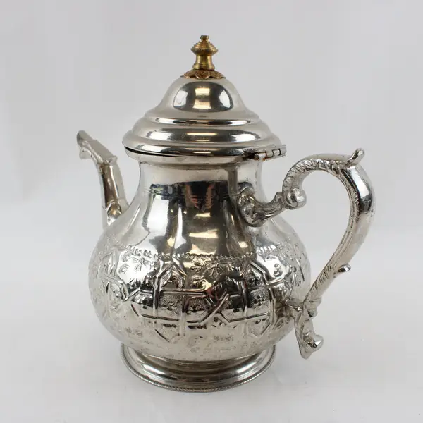 Moroccan Silver-Plated Brass Teapot Hand-Chiseled Arabesque Engraved