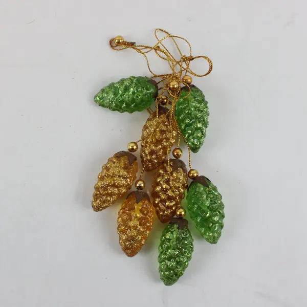 Lot of 8 Glittered Pinecone Ornaments Green Yellow Christmas Decor