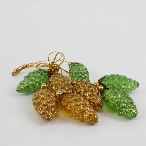 Lot of 8 Glittered Pinecone Ornaments Green Yellow Christmas Decor