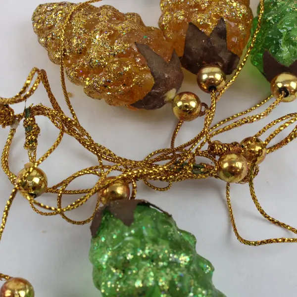Lot of 8 Glittered Pinecone Ornaments Green Yellow Christmas Decor