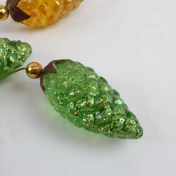 Lot of 8 Glittered Pinecone Ornaments Green Yellow Christmas Decor