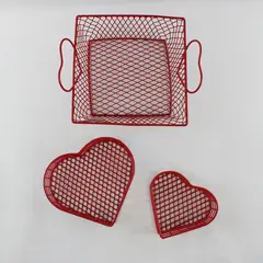 Lot of 3 Red Wire Baskets 2 Heart 1 Rectangular Valentine Decor 4-7in