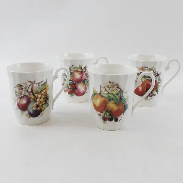 Set of 4 Heirloom Bone China Fruit Pattern Mugs Vintage Tea Coffee