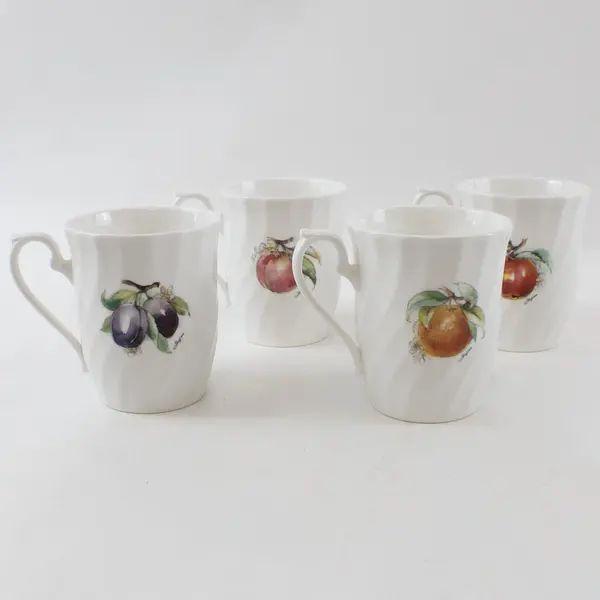 Set of 4 Heirloom Bone China Fruit Pattern Mugs Vintage Tea Coffee