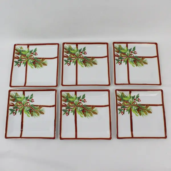 Set of 6 Harry & David 2004 Holly Ribbon Square Appetizer Plates 