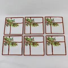 Set of 6 Harry & David 2004 Holly Ribbon Square Appetizer Plates 