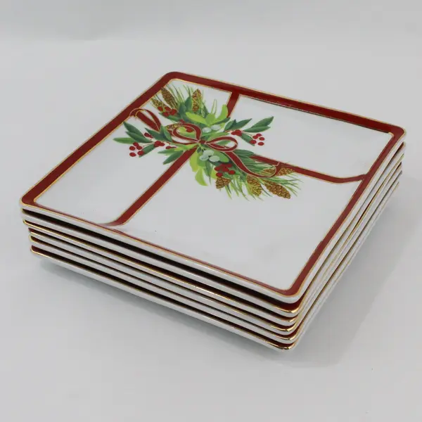 Set of 6 Harry & David 2004 Holly Ribbon Square Appetizer Plates 
