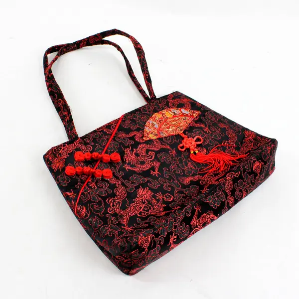 Red Black Satin Chinese Style Embroidered Shoulder Bag Purse