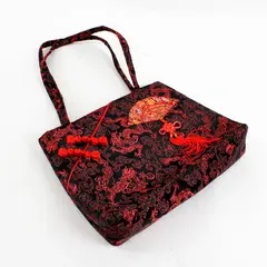 Red Black Satin Chinese Style Embroidered Shoulder Bag Purse
